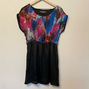 Forever 21 Medium Dress Silky Vibrant Peacock Feather Print Short Sleeve